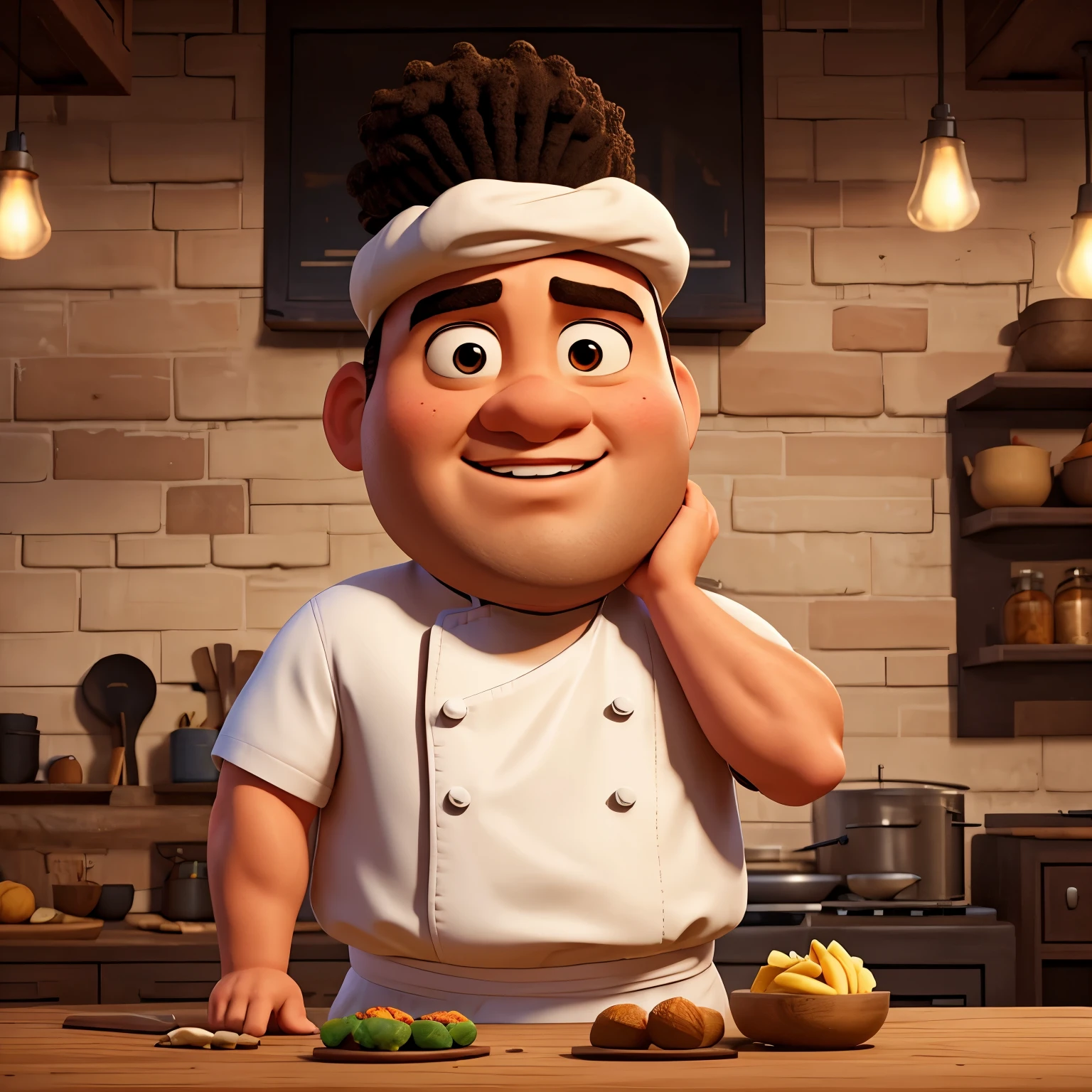head chef throwing heavy sacks, big head, big eyes