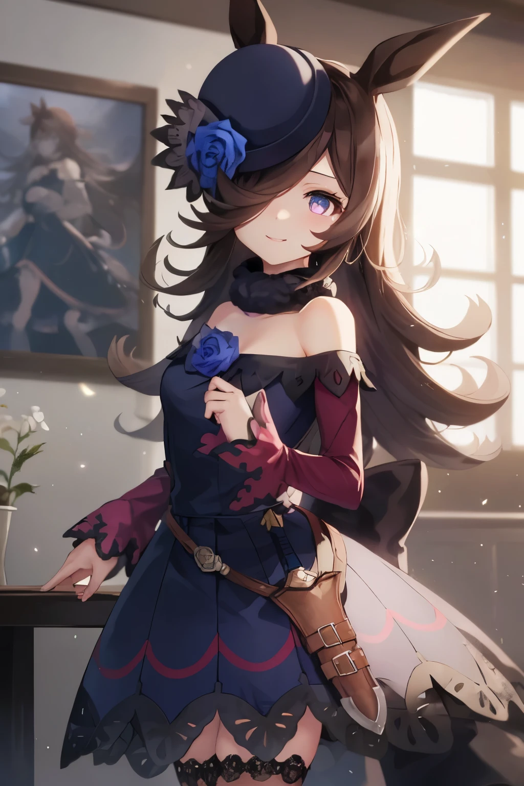(table top.highest quality).(dynamic angle). (CG painting with very impressive details),(perfect image)、comic ?????.shape.1 girl.detailed face、perfect face.delicate face、girl wearing a delicate uniform、rough skin、black hair.length、(Umamimi Girl)Umamimi Girl、((beautiful blue eyes)).delicate and beautiful eyes、fine eyes、reflected eyes、smile.(look at the audience:1.3).(face is a little red:0.8)、8k wallpaper、cowboy shot、reflected light、most detailed、Complex、delicate indoor background、rough skin、fine skin、(super resolution)、wearing a uniform