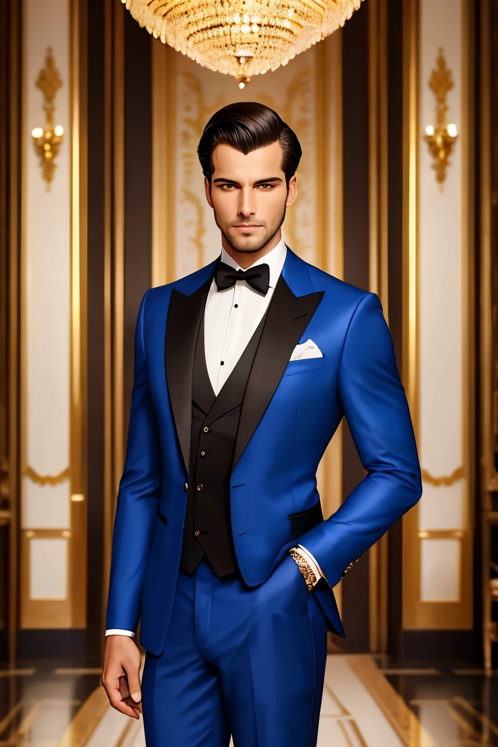 Amidst the opulent backdrop of a grandiose ballroom, a strikingly handsome man exudes sophistication and elegance, his every move an embodiment of poise and charm. The tailored suit he wears, crafted from the finest Italian silk, clings to his chiseled form, every crease and fold expertly pressed and arranged to perfection. The deep, royal blue hue of the fabric, rich with a lustrous sheen, reflects the warm glow of the chandeliers overhead, casting an allure that demands attention.
Detailed stitching adorns the lapels and cuffs, as well as the subtle pocket square peeking out from the breast pocket
