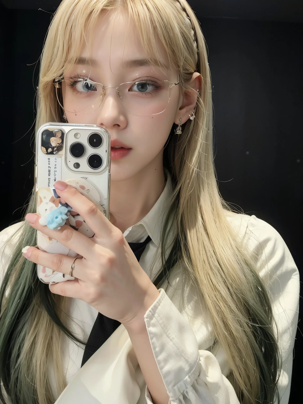 blond woman com óculos taking a selfie in a mirror, longos cabelos brancos e franja, Ulzzang, Jinyoung Shin, com óculos, com cabelos longos brancos, Jaeyeon Nam, Bela Delfina, parque roseanne de blackpink, com longos cabelos brancos, com óculos quadrados, o cabelo dela é branco, Lalisa Manoban do Blackpink, penteado com corte hime branco