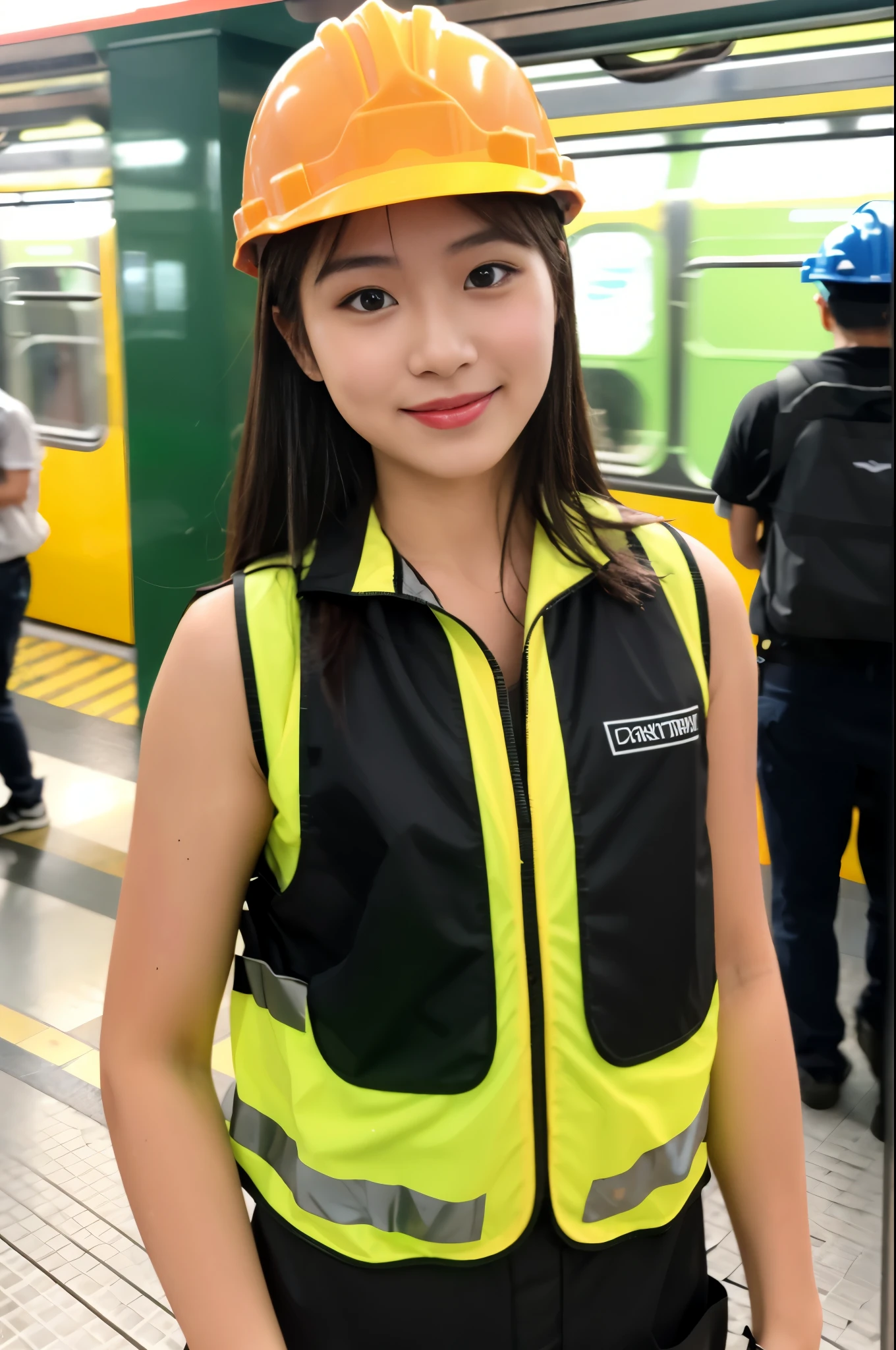 (((subway track maintenance worker costume))),(((reflective vest))),(((hard hat))),(((standing))),ulzzang-6500-v1.1, (Raw photo:1.2), (Photo realistic:1.4), a beautiful detailed girl, extremely detailed eye and face, beautiful detailed eyes, ultra-detailed, High resolution, top-quality, masterpiece, highly detailed, 8k wallpaper, Wonderful, finely detail, top-quality, Light on the face,电影灯光,1girl in,(),Beautiful eyes,smile,Opening Mouth
