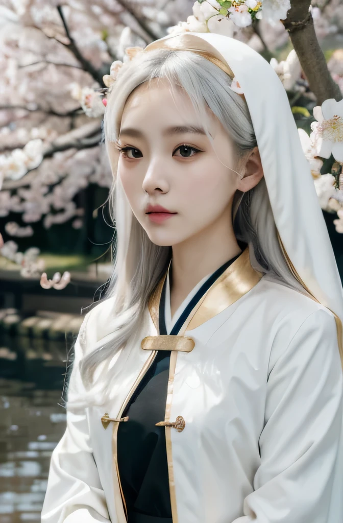 masterpiece, detail, perfect face, perfect hand, korean girl. white hair color, little wavy and long. smoky black pupil. wear nun cloak white color and gold combination, japan uniform. at pond, with cherry blossom. soft light 1,8, yellow light bloom, warm color.