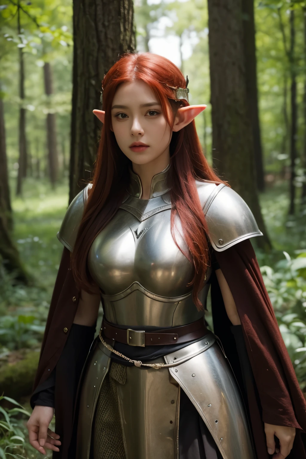 A girl, red hair, green eyes, warrior, dressed in medieval armor, medieval theme, elf ear, forest in the background, best quality, masterpiece, korean