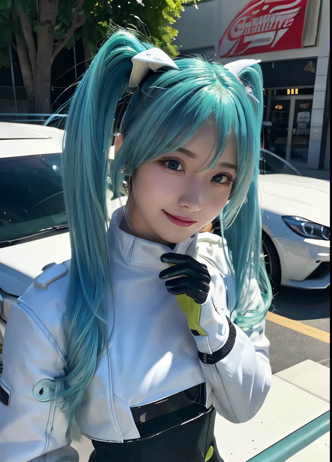 8K, highest quality, masterpiece, realistic, ultra detail, photo realistic, Improvement of quality,(looking at viewer), (masterpiece, highest quality, super detailed, best shadow, volume lighting), (beautiful detailed face, beautiful and fine eyes), (best illumination),masterpiece,(super detailed),1 girl, smile, car, racecar, circuit, racing Miku, black bodysuit, cropped jacket, white jacket, long sleeve, Two-tone gloves, thigh boots,(Aqua blue hair), big breasts