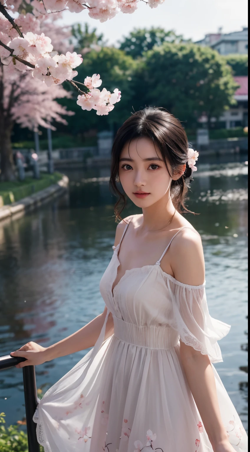 (logo、masterpiece、8K、table top、RAW photo、wonderful、最high quality、フォトリアリスティックでvery detailedな CG 統合 8k 壁紙、high quality、very detailed、narrative poem、particle effects、dynamic effects、Depth of the bounds written、cinematic light、Lens flare、ray tracing)、fantasy、 (1 beautiful woman、dress、dress、cherry blossom pattern、black haired、beautiful face、real face、beautiful details eyes beautiful skin)、髪がWindで踊る、Hair flutters in Wind、hair jump、pink cherry tree、petals dance、SakuraFubuki、wonderful景色、sunrise、sun on background、Wind、