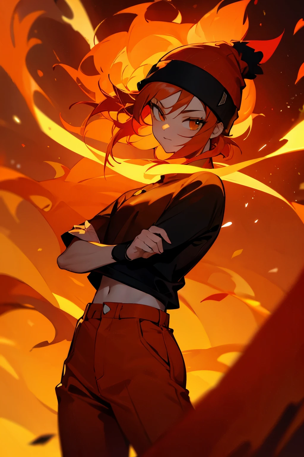 fire hair, red pants, black shirt, orange beanie, fire background,