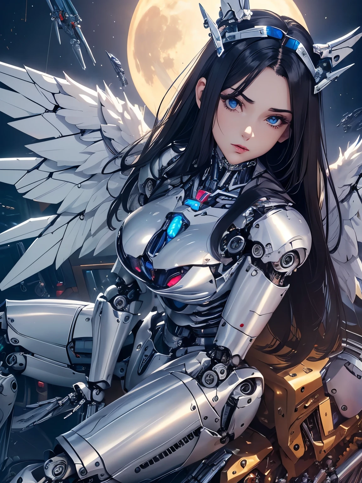 (best quality,4k,8k,highres,masterpiece:1.2),ultra-detailed,detailed face,realistic,
BREAK Lotan beautiful caucasian woman with straight long black hair,blue eyes,fair skin,voluptuous,detailed lips and eyes,expressive face,attractive appearance,dragon horns on the head,dragon wings,
BREAK (angel wings:1.4),angelic,angelic expression,praying,dramatic light,detailed texture,detailed body shape,detailed skin texture,low angle,(full moon), (full body), (flyng), bent knees, forehead,
(cyborg, (mechanical arms), (mechanical parts), (robot joints), (large mechanical wings):1.6), science fiction, short hair, solo, holding weapon, weapon, giant syringe,