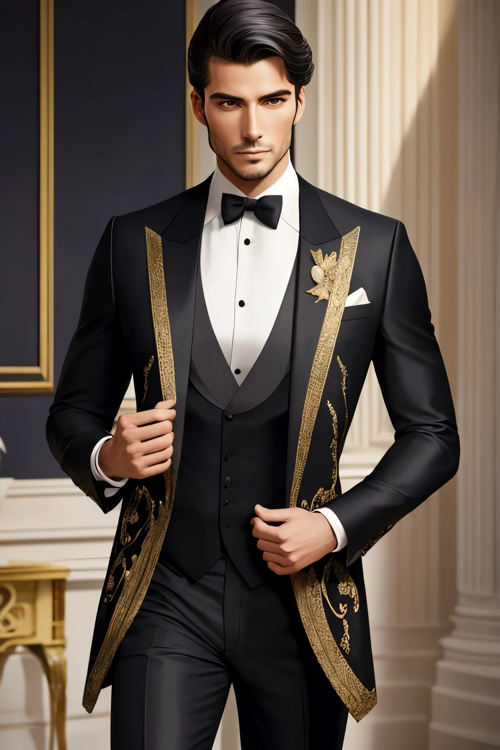 Amidst the elegant ambiance of a grand ballroom, the refined silhouette of a strikingly handsome man emerges. Clad in an exquisite tailored suit, the sumptuous fabric hugs his sculpted form, weaving an air of superior sophistication. The charcoal gray wool ensemble, meticulously crafted with seamless lines and immaculate stitching, exudes an allure that can only be rivaled by the richness of velvet.

The pristine silk shirt beneath, adorned with the finest mother-of-pearl buttons, catches the light as he moves, glinting with a lustrous sheen. A crisp