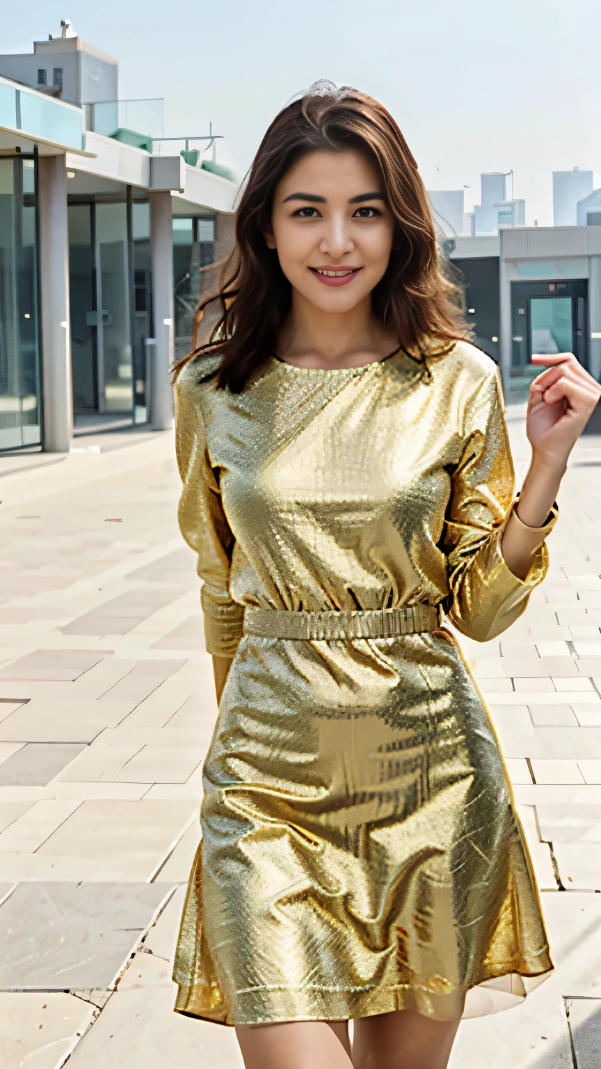 image of a girl in dubai beautiful girl wearing golden colour dress,light smile, simple background, master piece,4K,8K,(master piece,ultra high resolution:1.4),(master piece,photographrealistic:1.4),master piece,detailed real eyes,master piece,detailed face, full fit body, posing on camera