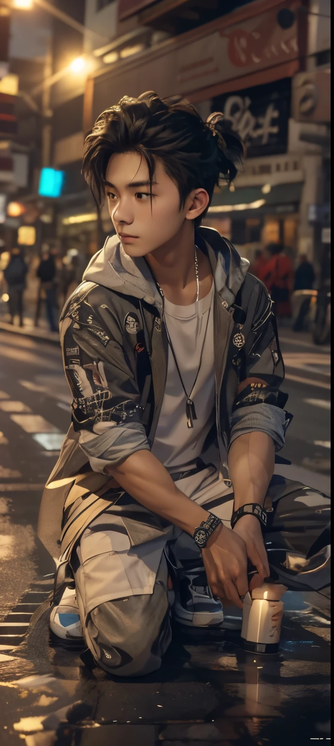 RAW photo, a portrait photo of 21 y.o man in casual clothes, night, city street, (high detailed skin:1.2), 8k uhd, dslr, soft lighting, high quality, film grain, Fujifilm XT3