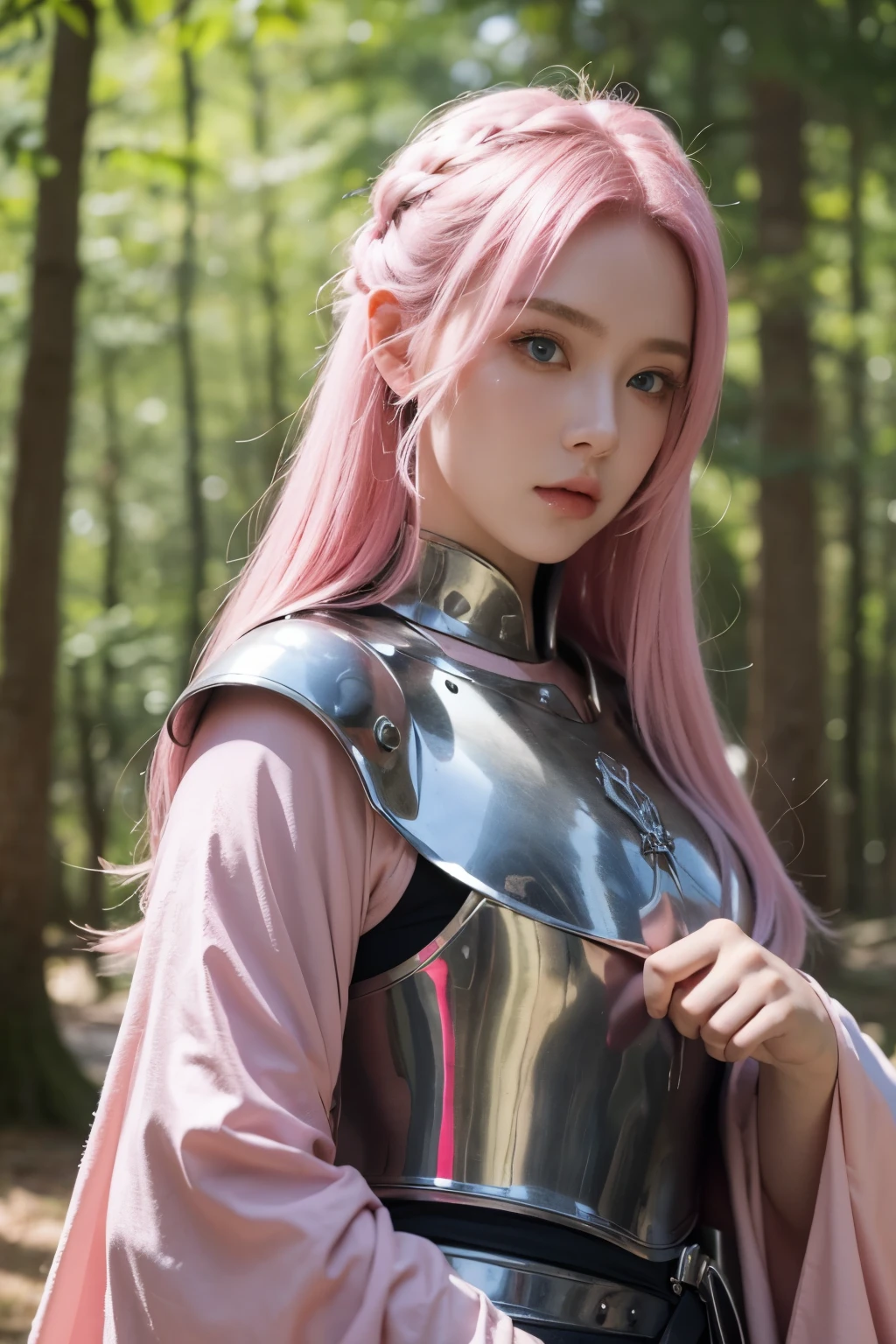 A girl, pink hair, blue eyes, warrior, dressed in medieval armor, medieval theme, forest in the background, best quality, masterpiece, korean