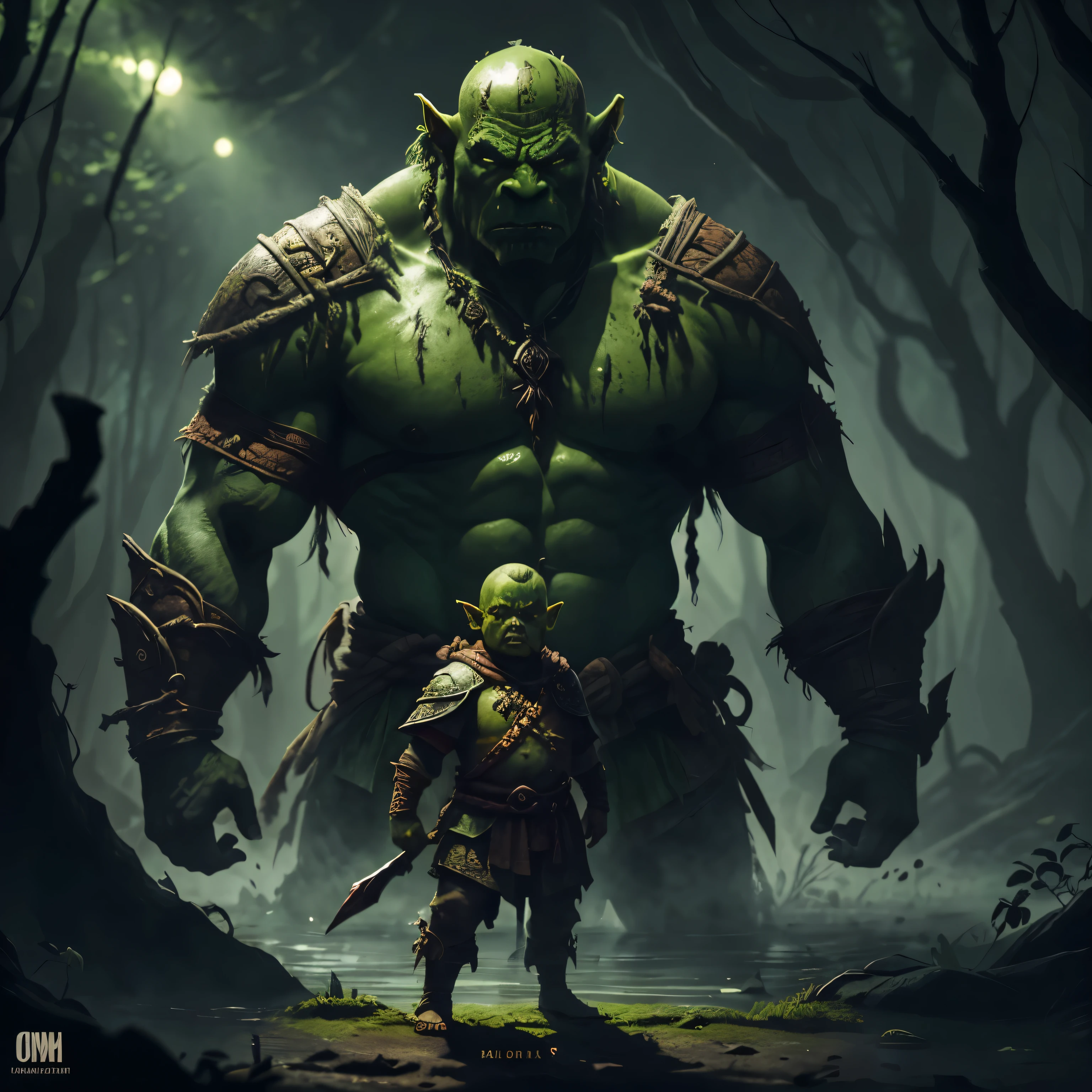A  ORC kid anour Father, side, Boss Postion, FURIOUS, dungeons and dragons (Orc), (pele verde:1.2) [laranja | vermelho] olhos, [branco | vermelho] careca armaduras, correntes, Horrible design, (standing in a pool of blood on the battlefield), (dead trees), (illustration:1.1), (detalhes perfeitos:1.1), Paisagem, fundo, abstrato, strong lighting, rim lighting, (8K) (melhor qualidade:1.4), (obra de arte:1.3), ultra-detalhado.
