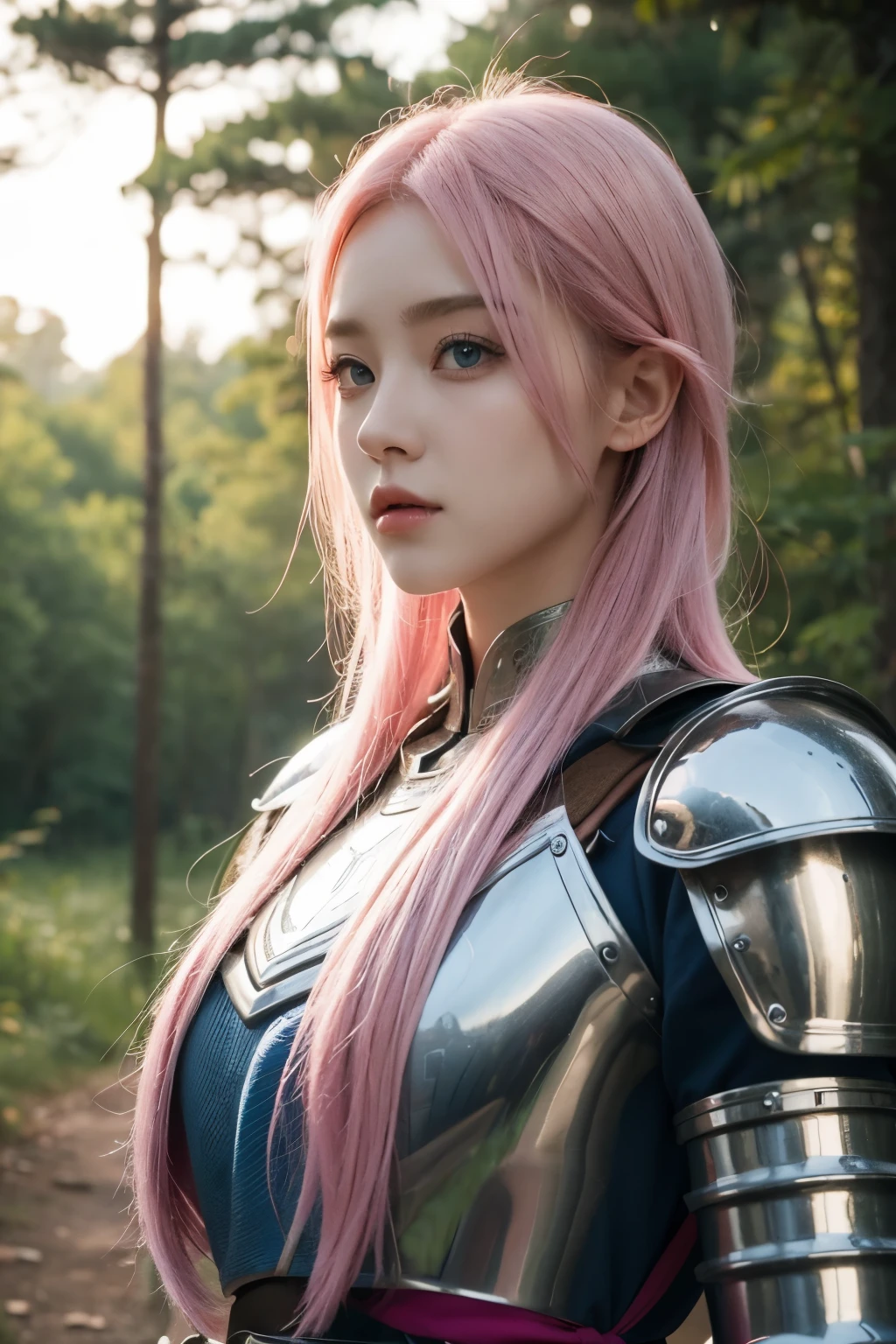 A girl, pink hair, blue eyes, warrior, dressed in medieval armor, medieval theme, forest in the background, best quality, masterpiece, korean