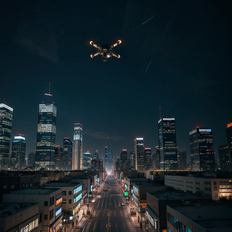 Depict a futuristic urban scene with skyscrapers covered in bright neons, flying vehicles cutting through the dark sky, streets packed with people wearing cybernetic implants and floating holograms displaying bright advertisements. Add elements of advanced technology, like drones buzzing through the air and power lines shining through buildings. Convey the feeling of a high-tech, dystopian city, misturando elementos futuristas e urbanos.