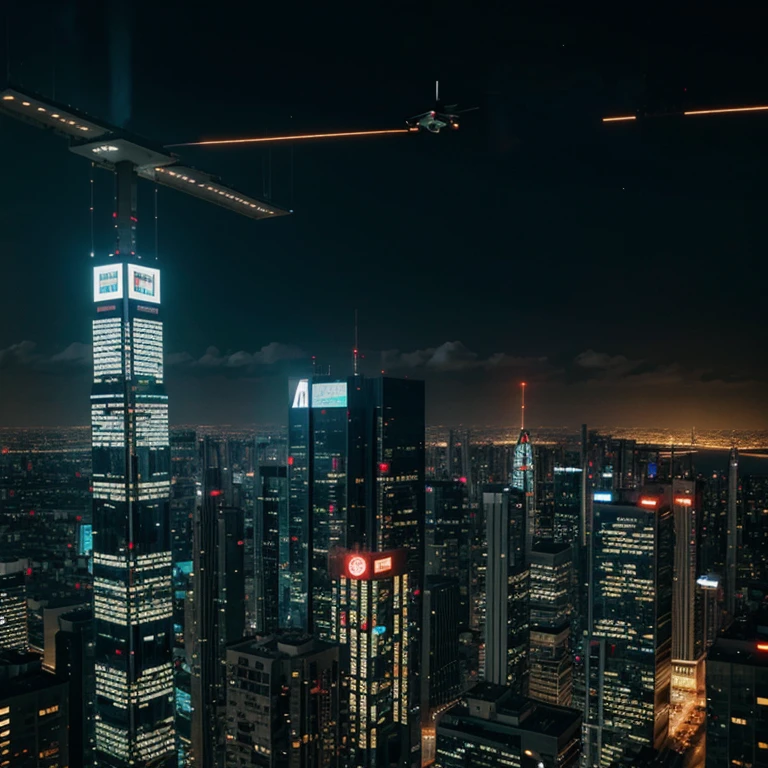 Depict a futuristic urban scene with skyscrapers covered in bright neons, flying vehicles cutting through the dark sky, streets packed with people wearing cybernetic implants and floating holograms displaying bright advertisements. Add elements of advanced technology, like drones buzzing through the air and power lines shining through buildings. Convey the feeling of a high-tech, dystopian city, misturando elementos futuristas e urbanos.
