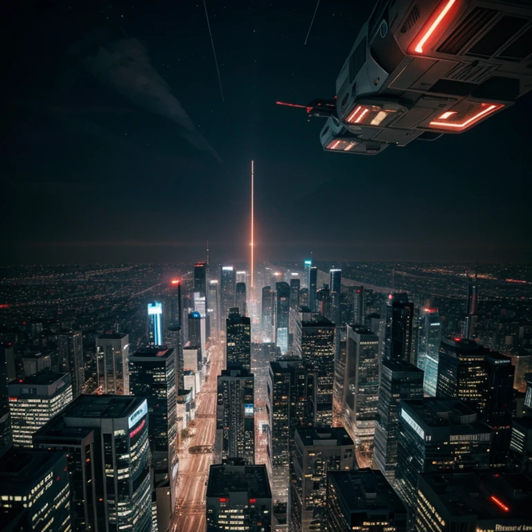 Depict a futuristic urban scene with skyscrapers covered in bright neons, flying vehicles cutting through the dark sky, streets packed with people wearing cybernetic implants and floating holograms displaying bright advertisements. Add elements of advanced technology, like drones buzzing through the air and power lines shining through buildings. Convey the feeling of a high-tech, dystopian city, misturando elementos futuristas e urbanos.