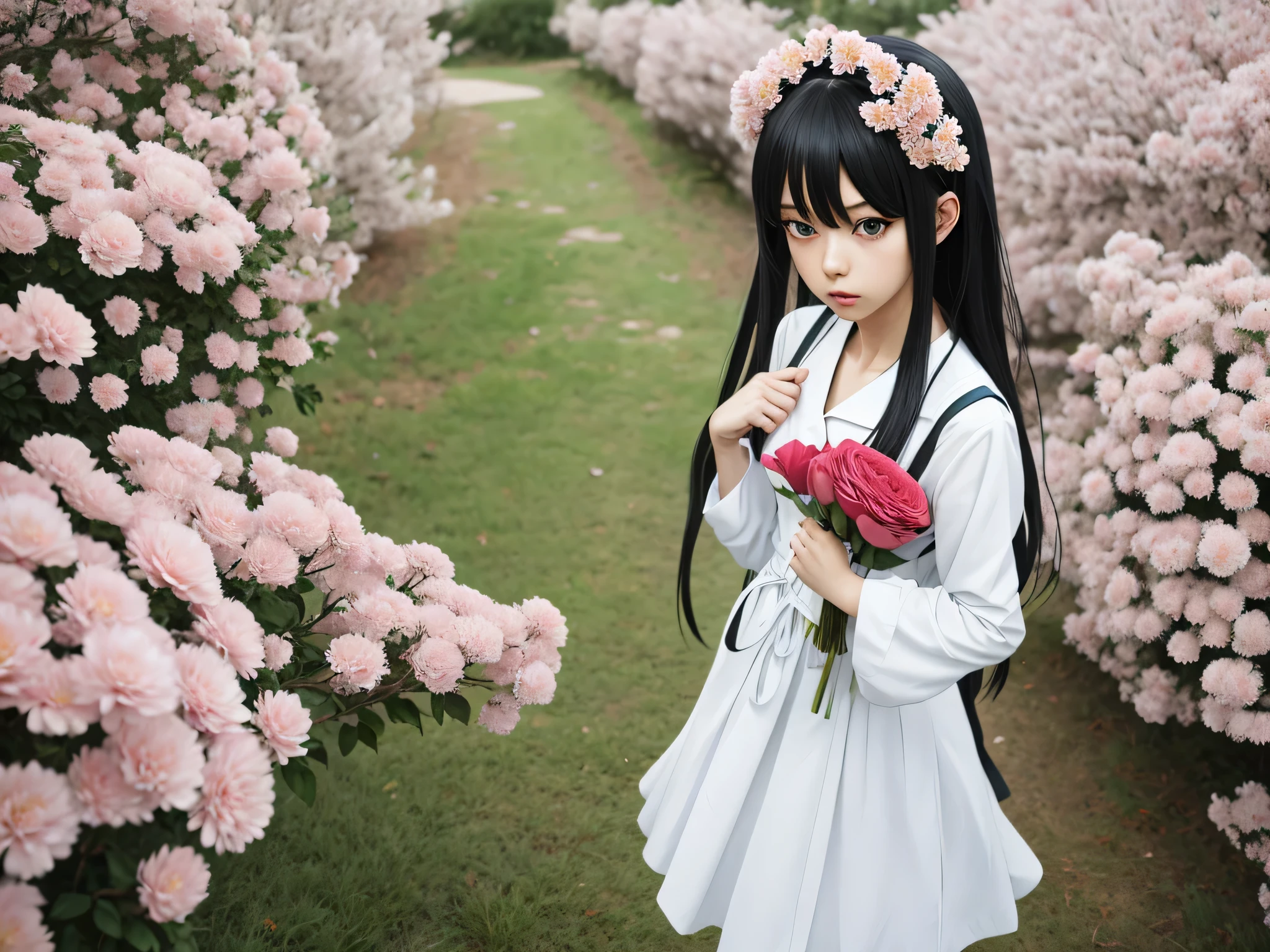anime girl, carrying flower on her head