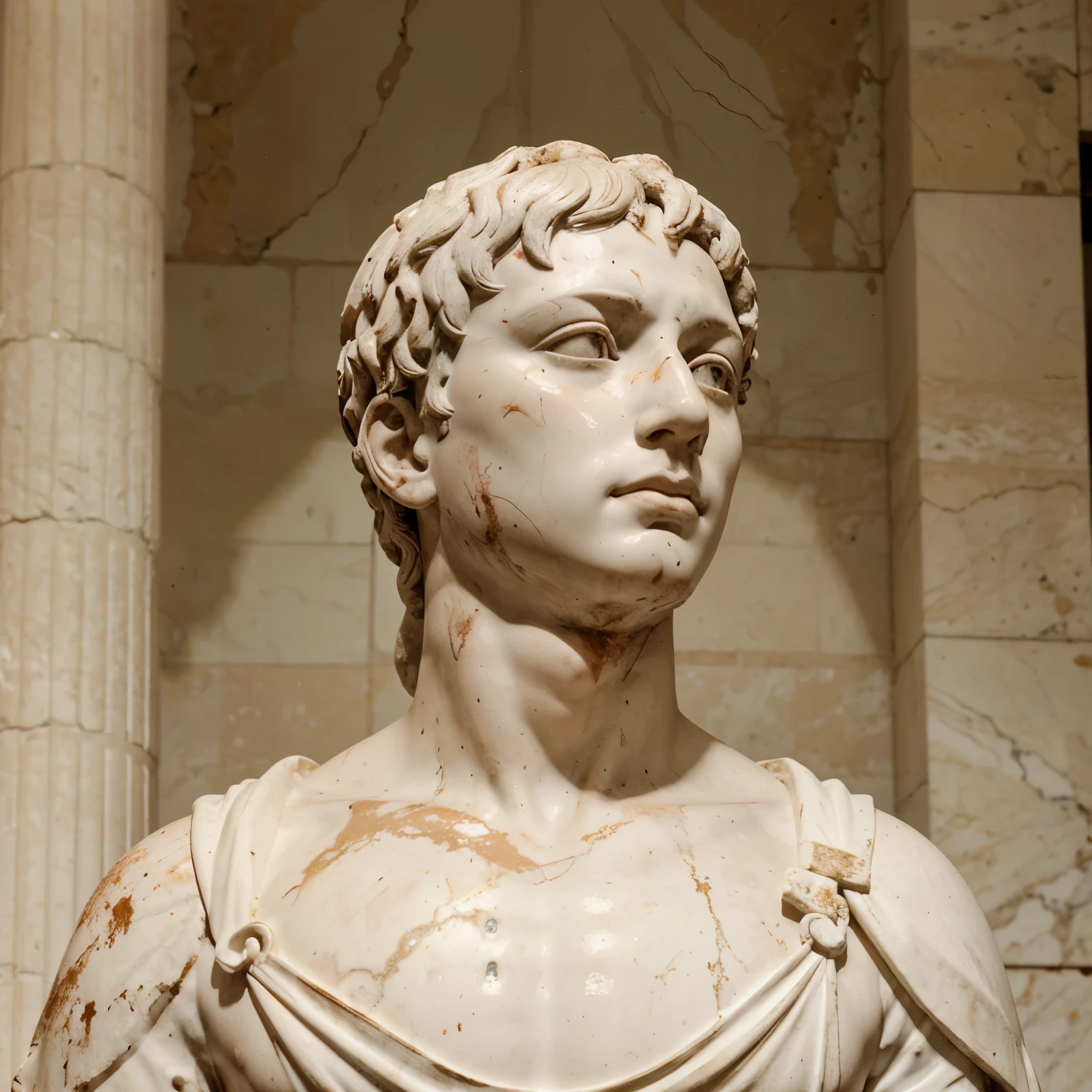 A roman sculpture that looks like Elagabalus crying in a white room, his tears are blood flowing down his cheeks