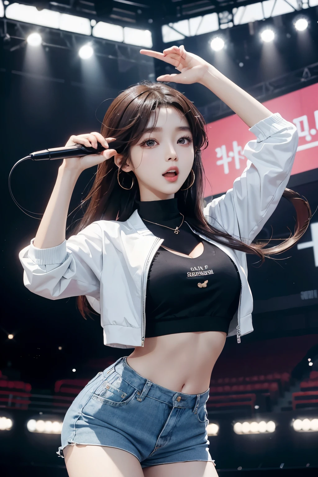 A modern Korean girl with characteristic features of almond-shaped eyes, fair skin, and dark hair exudes youthful charm and energy. Clad in fashionable outfits inspired by the latest Korean trends or popular among K-pop artists, she showcases a bold sense of style that is both trendy and expressive. Her large, expressive eyes sparkle with passion and enthusiasm for K-pop music, as if she's ready to perform or sing her heart out. The background is adorned with song lyrics, musical notes, and iconic symbols of beloved K-pop groups, immersing the scene in the vibrant world of Korean pop culture.