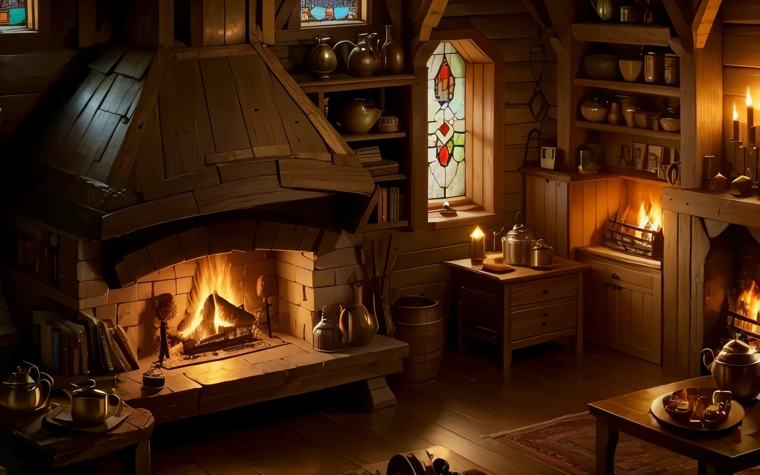 large fireplace at hobbit wooden house. A room full of objects, a table with goods, kettle and coffe cup, a bookshel aside the fireplace, and at the end, a pretty stained glass, a room of detailed objects (DO IT BETTER, MORE DETAILED)