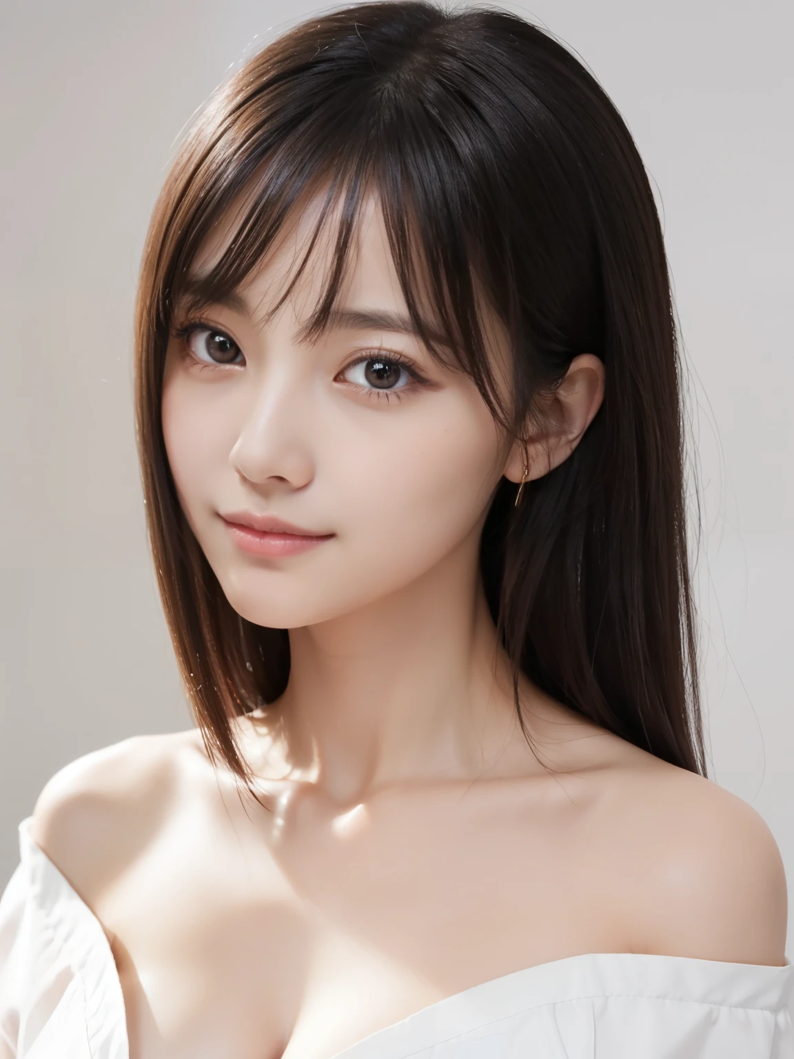 Fit Body, Masterpiece, Best Quality, Girl, Symmetrical Face, Detailed Décolleté View, Tote Shirt, Orchan, (PureErosface_V 1:0.7), Wet Skin, Blush (Best Quality, 8k, 32k, Masterpiece, UHD:1. 2), Cute Japan Woman, One Girl, (slender woman), (abs), (lips), closed mouth, (medium hair), double eyelids, wet skin, only one very beautiful woman, very sexy body, gaze looking directly at the camera, golden ratio face, golden ratio body, big breasts looking directly at the camera, not part-time sexy expression, chest between arms to create cleavage, breasts close together, flirtatious smile, very happy smile, shiny skin, big eyes, highlights in the pupils, distinct double eyelids, eyelashes, long neck, beautiful short hair, shiny dark black hair, bangs, pure white background, empty background, crystal clear white off-shoulder, clothes that seem to be visible but are not, overwhelming charm