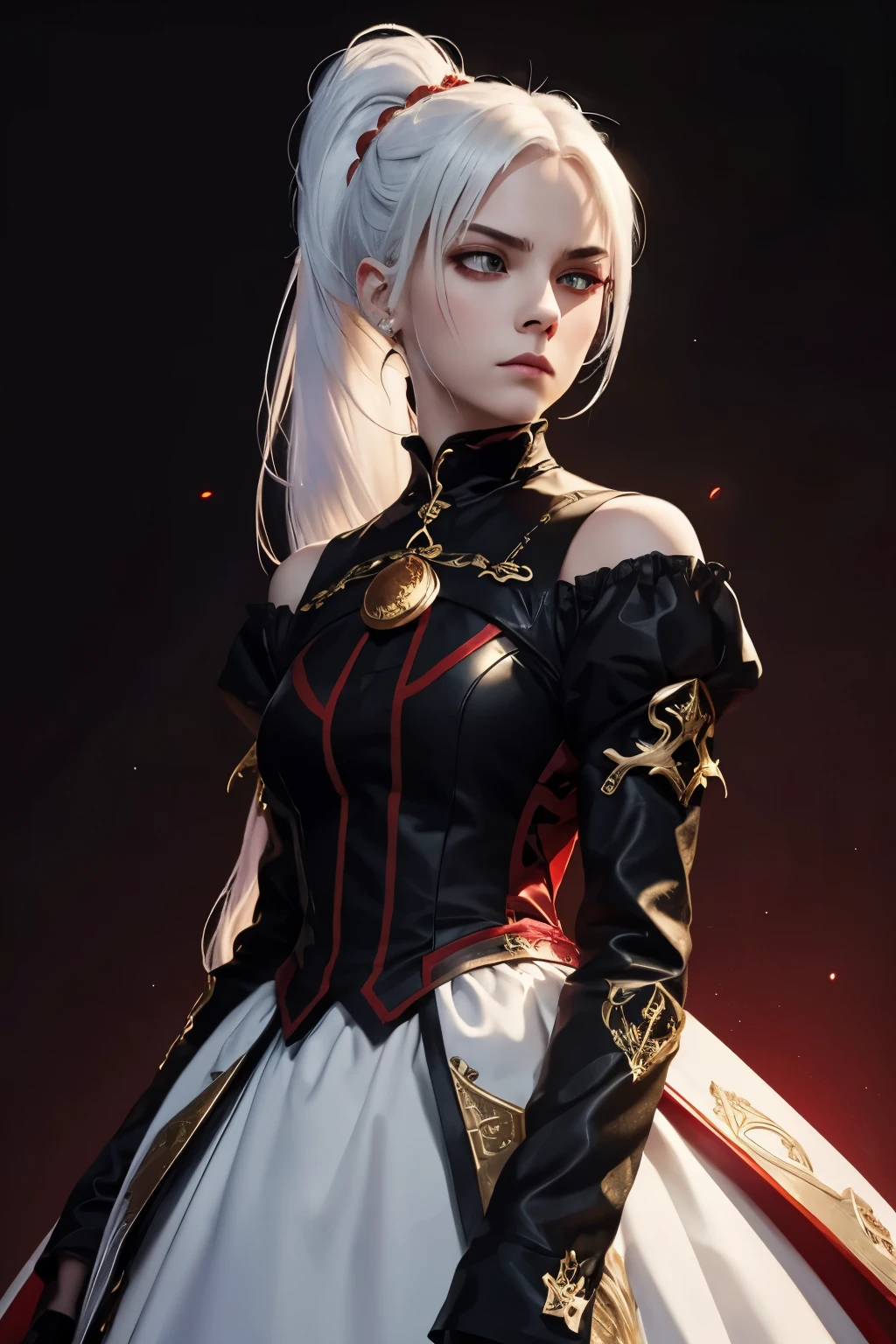 White hair, hair over shoulders, hair flower, eyeball, Scowl, V-shaped eyebrows, Anime, Anime style, Chiaroscuro, Motion blur, hyper HD, Masterpiece, A high resolution, 4K --auto