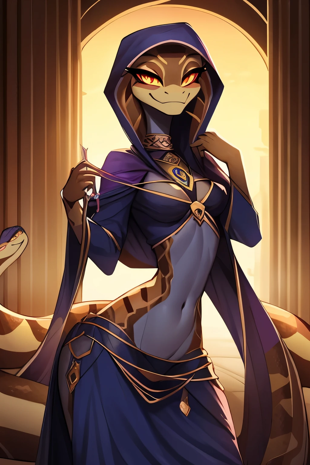 Best quality, Super detailed illustration, (Snake Girl:1.4),snake eyes, snake girl, snake nose, big long muzzle,, fortune teller clothes, smug smile, Half-closed eyes ,small waist, wide hips, Slim, Perfect body, DND style,