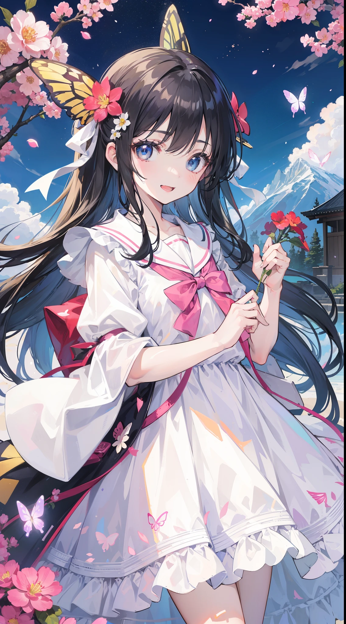 (32k), (highest quality, masterpiece),(1 girl, Miko, coat, expression face, black eye, look at the front ,black hair, walk, Upper body), (stray sky at night, huge old tree in the back, Shining pink petals fall behind, shrine in the back, mountain background, blowing wind, meteor cloud), (cute smile), (32k), (beautiful cute girl), (butterfly ornament), (butterfly dress), ((many butterflies)), (((background of many flowers
))), (((bright background))), (beautiful world), (cute world), smile, long hair, looking at viewer, smile, open mouth, bangs, blue eyes, multiple girls, blonde hair, dress, ribbon, holding, 2girls, hair ribbon, short sleeves, :d, food, sailor collar, bag, white dress, two side up, twins, yellow ribbon, macaron,