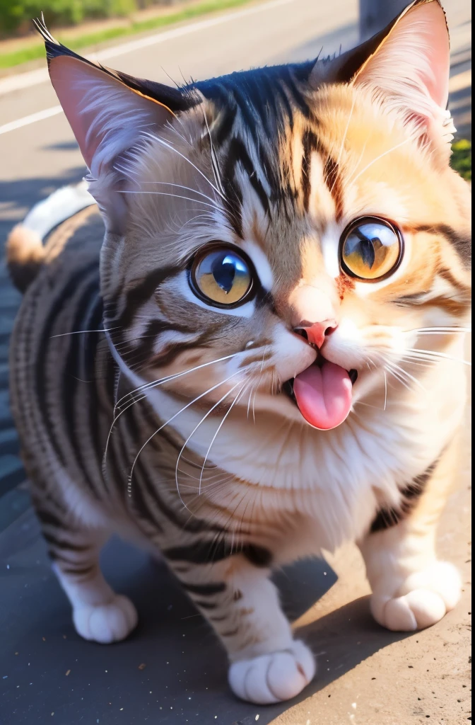 Cat、anime style、round eyes、Ninmari、heart pattern in the eyes、Lot、open your mouth and laugh、wide angle of view、far angle of view、zoom out、bipedal walking、raise your hand、On your back