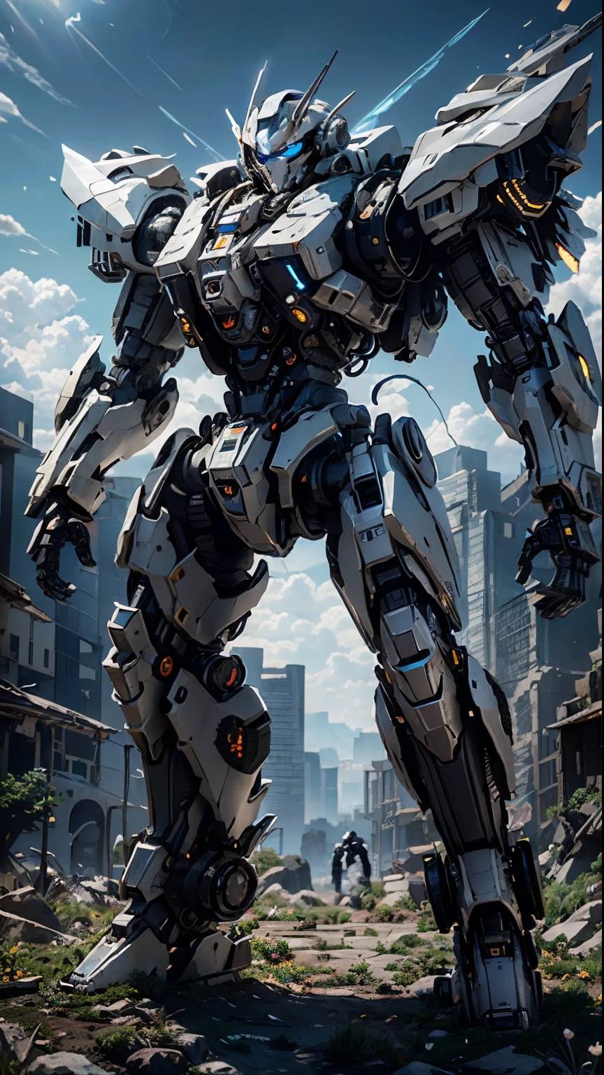 ((best quality)), ((masterpiece)), (Very detailed:1.3), 3d, shitu-mecha, In the ruins of a city in a forgotten war，cool and giant mecha, ancient technology, high dynamic range (high dynamic range), Ray tracing, NVIDIA RTX, super resolution, Unreal 5, subsurface scattering, PBR texture, post processing, Anisotropic filtering, depth of field, Maximum clarity and sharpness, Multi-layer textures, Albedo and specular maps, Surface shading, Accurately simulate the interaction of light with materials, Perfect proportion, octane rendering, Two-tone lighting, Low ISO, white balance, rule of thirds, Large aperture, 8K raw, Highly efficient sub-pixels, sub-pixel convolution, glowing particles, light scattering, Tyndall effect,giant machine wings,hold a weapon,silver white paint, Dramatic lighting,Sony A7