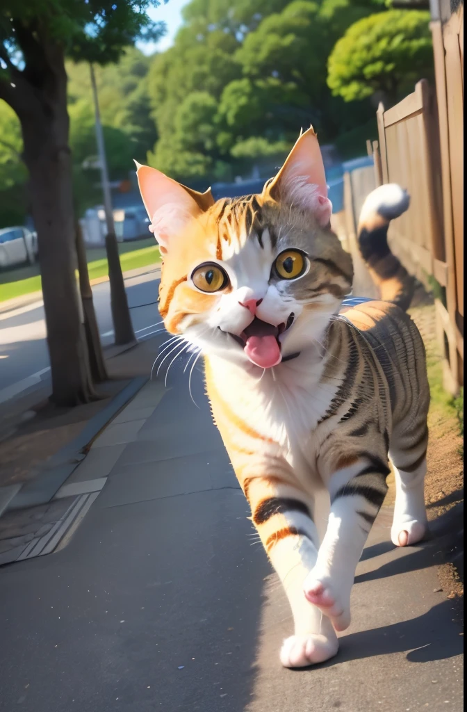 Cat、anime style、round eyes、Ninmari、heart pattern in the eyes、Lot、open your mouth and laugh、wide angle of view、far angle of view、zoom out、bipedal walking、raise your hand