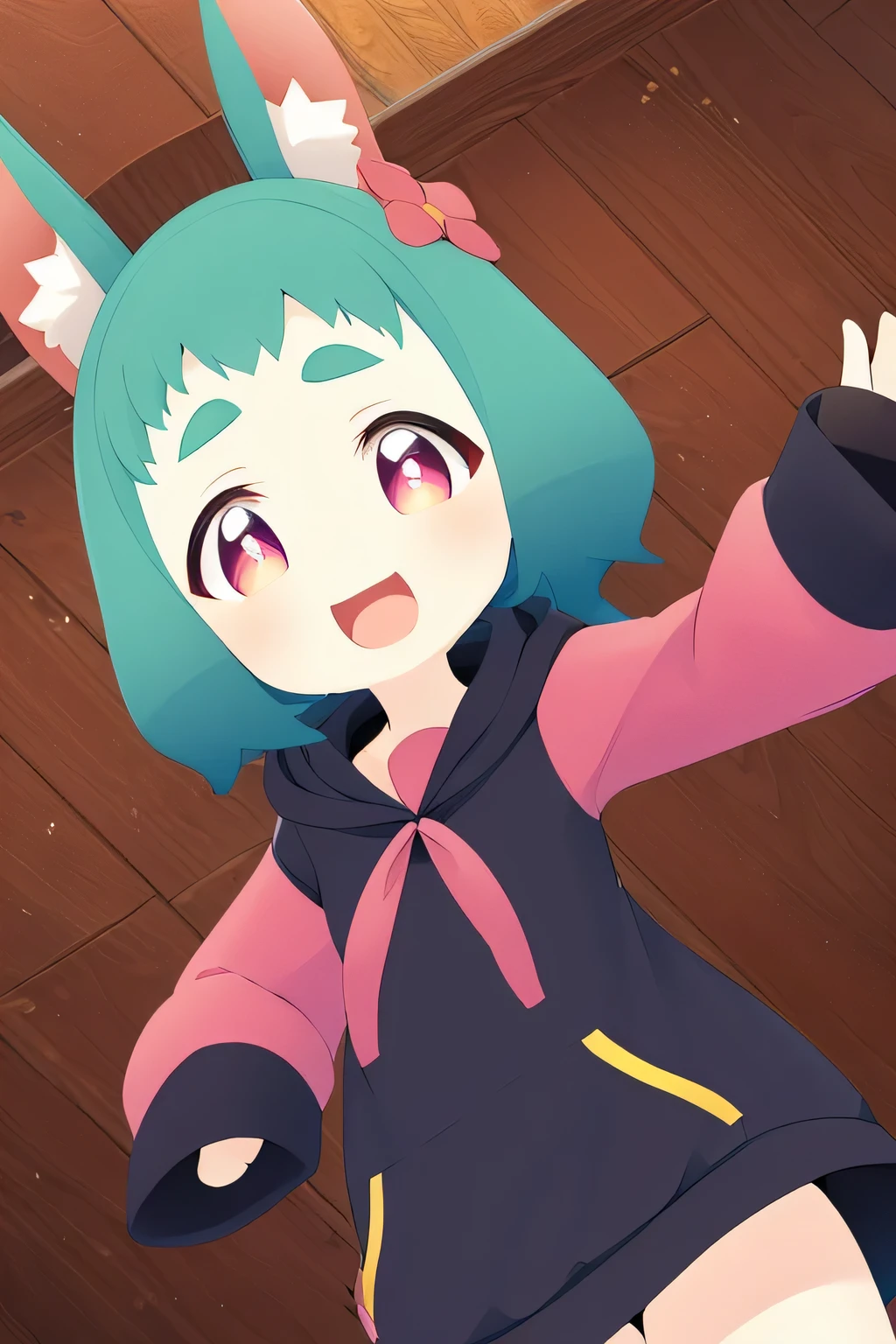 1girl, solo, red eyes, short eyebrows, dress, black dress, rabbit ears, long sleeves, thick eyebrows, open mouth, green hair, animal ears, hoodie, cat ears, virtual youtuber, black hoodie, hood, animal ear fluff, sleeves past wrists, drawstring, pink eyes, short hair, open mouth, smile