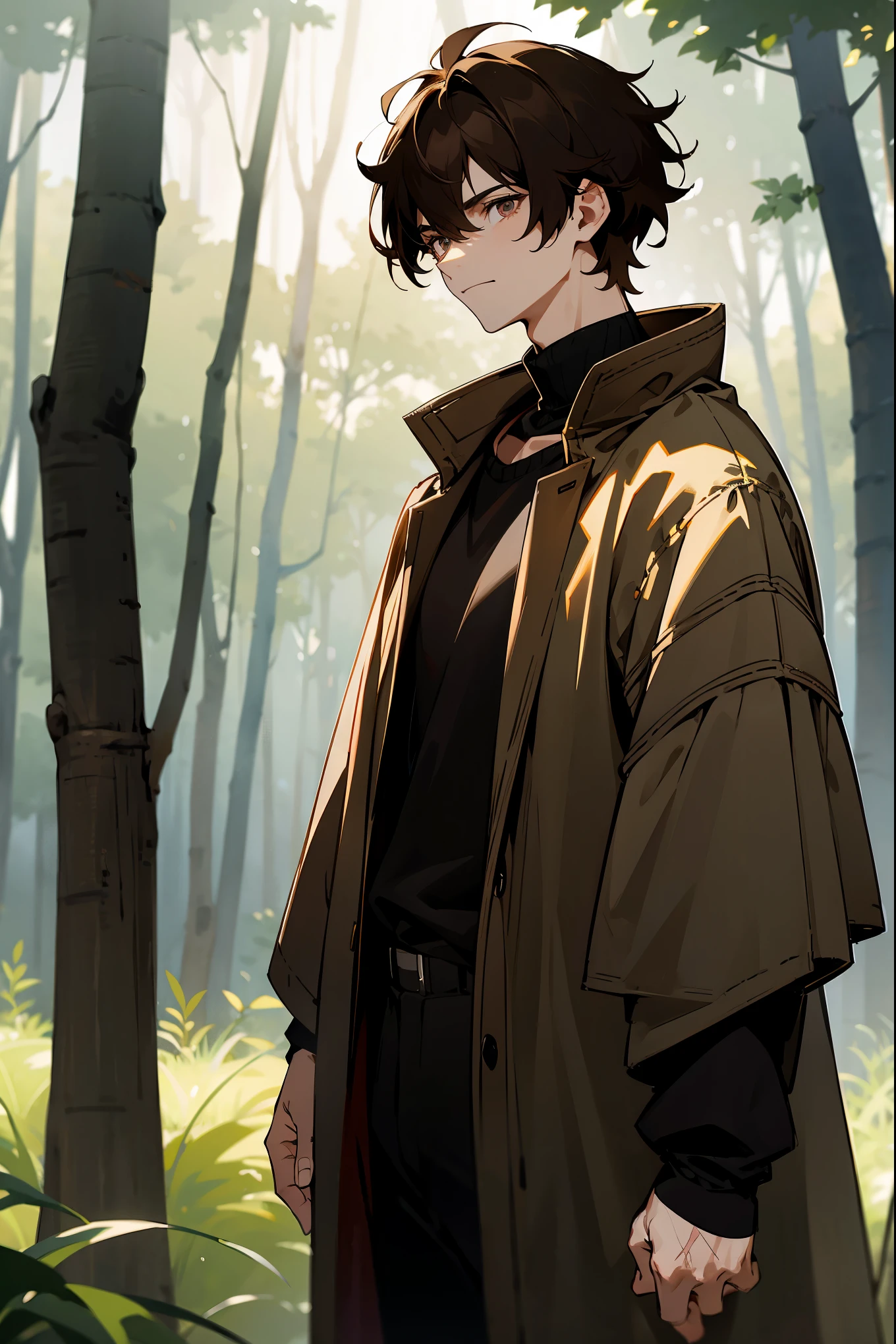 1male, brown hair, black void eyes, short messy hair, casual clothing, casual overcoat, outside, forest background, sun shining, scar on arms, unamusing expression