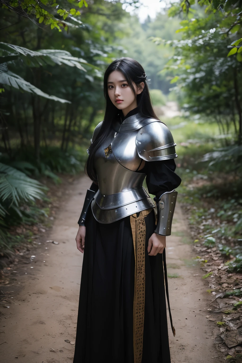 A girl, black hair, black eyes, warrior, dressed in medieval armor, medieval theme, forest in the background, best quality, masterpiece, korean