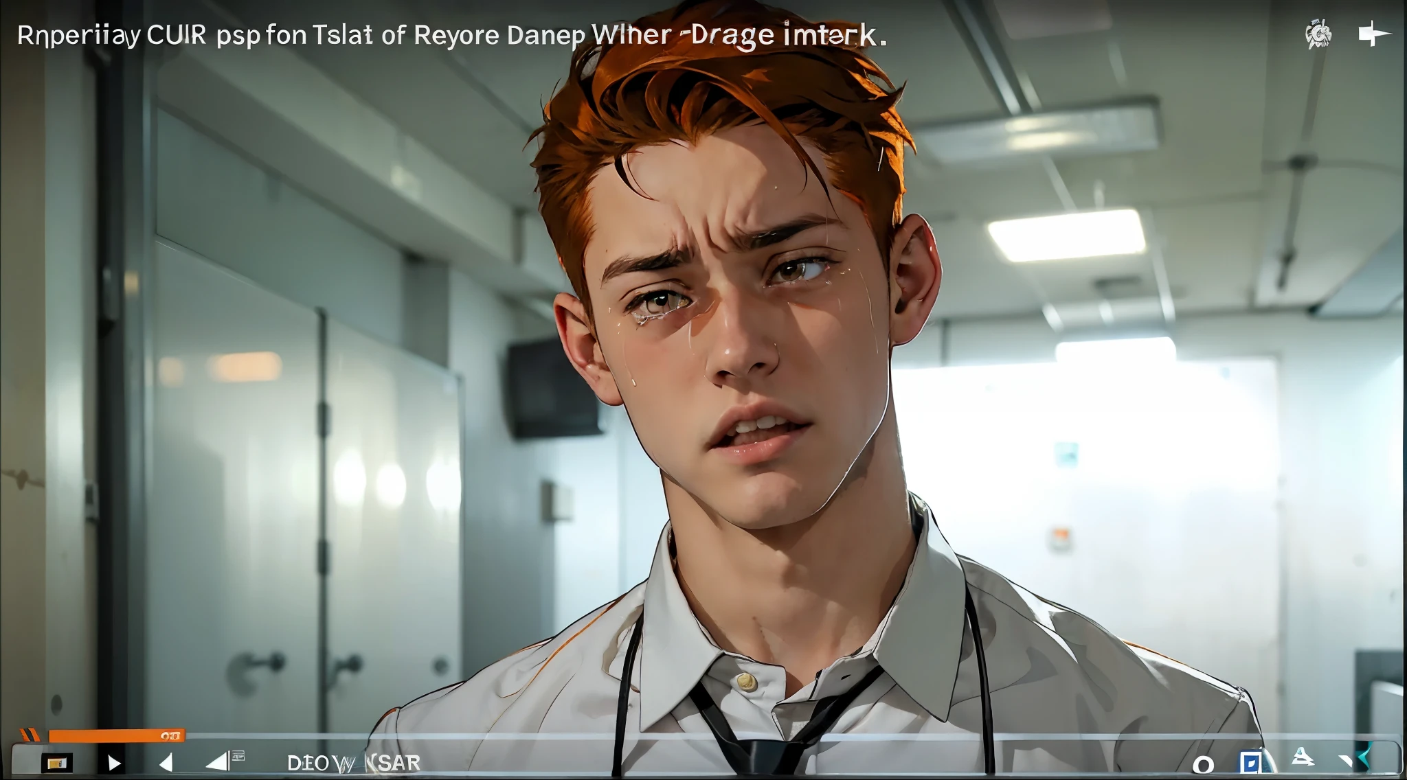 There is a handsome 17-year-old boy who has tears in his eyes and is upset. He is drunk. He has orange hair. He hasn&#39;t slept in days.