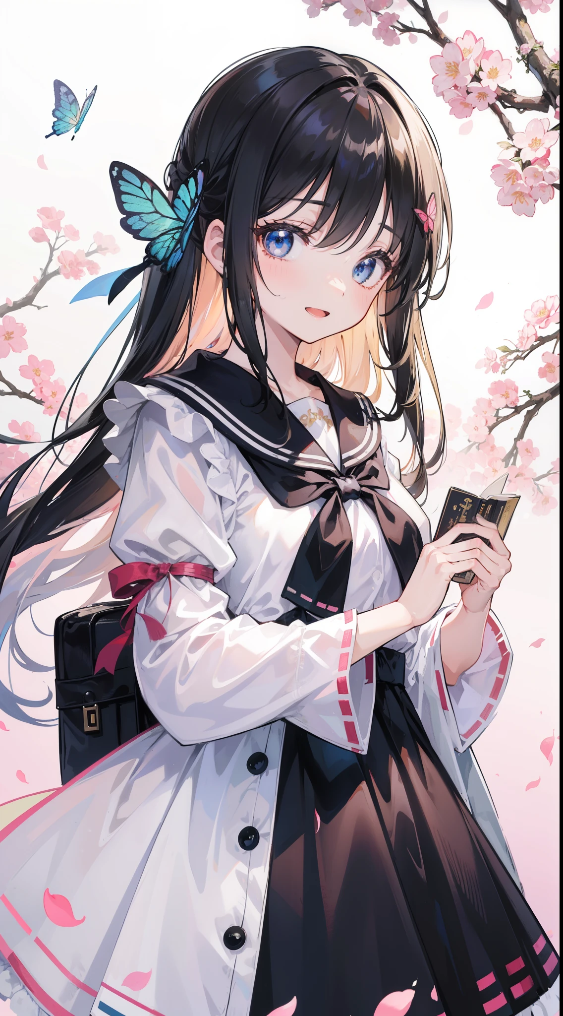 Anime girl with long black hair and blue eyes holding a cell phone ...
