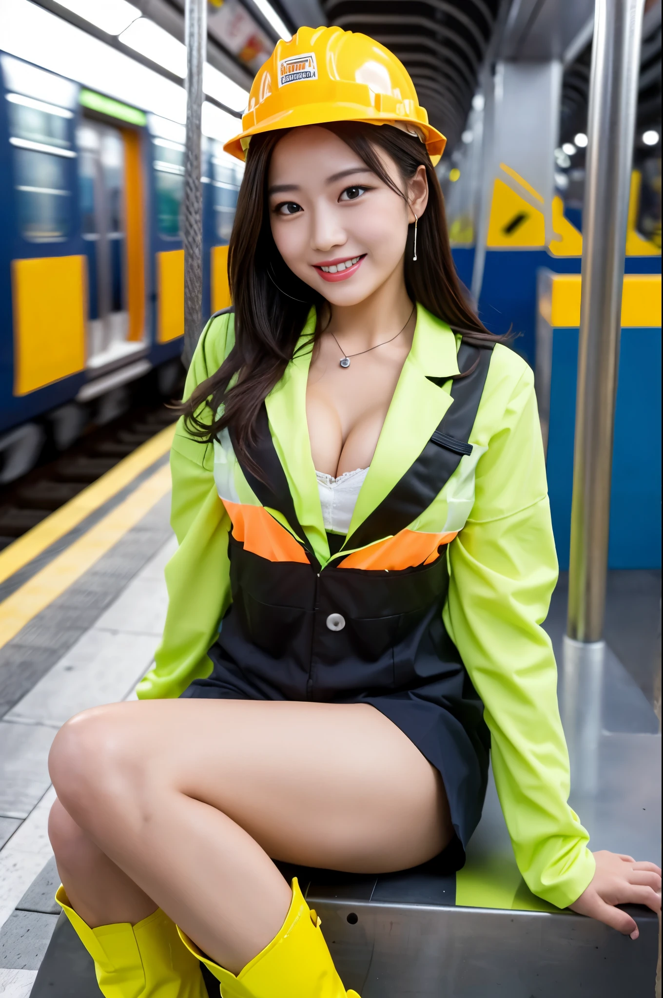 (((subway track maintenance worker costume))),(((reflective vest))),(((hard hat))),(((rubber boots))),(((sit and knees up))),(((double-breasted,underbust:1.2))),ulzzang-6500-v1.1, (Raw photo:1.2), (Photo realistic:1.4), a beautiful detailed girl, extremely detailed eye and face, beautiful detailed eyes, ultra-detailed, High resolution, top-quality, masterpiece, highly detailed, 8k wallpaper, Wonderful, finely detail, top-quality, Light on the face,电影灯光,1girl in,(),Beautiful eyes,smile,Opening Mouth