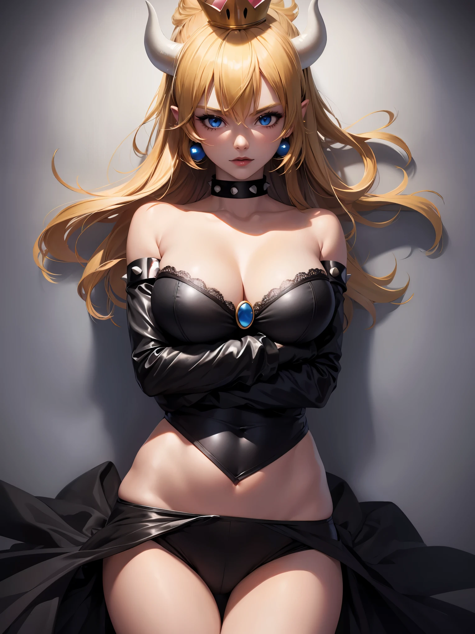 ((high detailed, best quality, 4k, masterpiece, hd:1.3)), ((best quality)), (((HD))), (((8k))), (ultraDH), (ultra HD), Snowy Forest background, snowflake pattern, Princess Daisy, blue eyes, BREAK blue eyes, seductive, attractive, smooth anime cg art, 36C breasts, long legs, vivid colors, detailed digital art, slim body, perfect skin, dark blonde hair, long hair, blonde hair, blonde hair, BREAK crown, cleavage, 36C cleavage, looking at viewer, BREAK looking at viewer, extremely detailed face, red santa suit, red santa claus suit, santa claus suit, earrings, gem, dark black makeup lips, dark gothic eyeshadows, dark eyeshadows, black eyeshadows, black sexy lips, black lips, (dark:1.2), dark lips, very dark lips, (perfect hands, perfect anatomy), black makeup, black medium lips, black thick lips, detailed fingers, five fingers per hand, 5 fingers, (1 girl), detailed lips, detailed black lips, black painted lips, gothic painted lips, BREAK night, night sky, (breast focus), (arms outstreched:1.2), (from above:1.1), (breasts out:1.3), (off shoulder:1.1), (white horns), (bra),