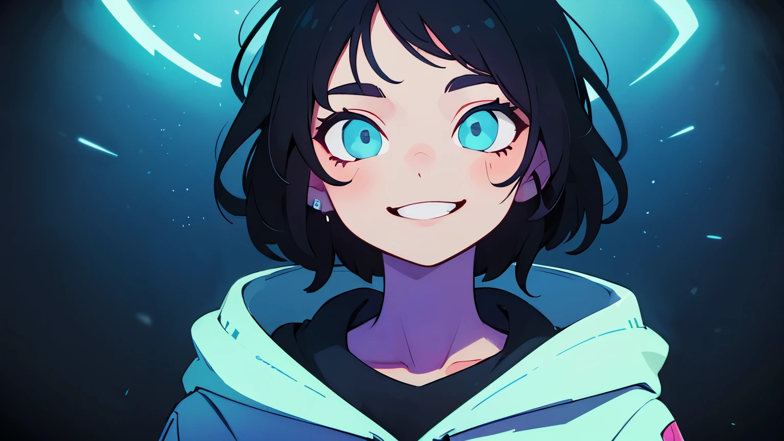 ((best quality)), ((masterpiece)), (detailed), perfect face, detailed background, masterpiece, best quality, smile, ornament, hoodie, portrait, blue neon, graffiti, dark, night, glowing eyes, blacklight
