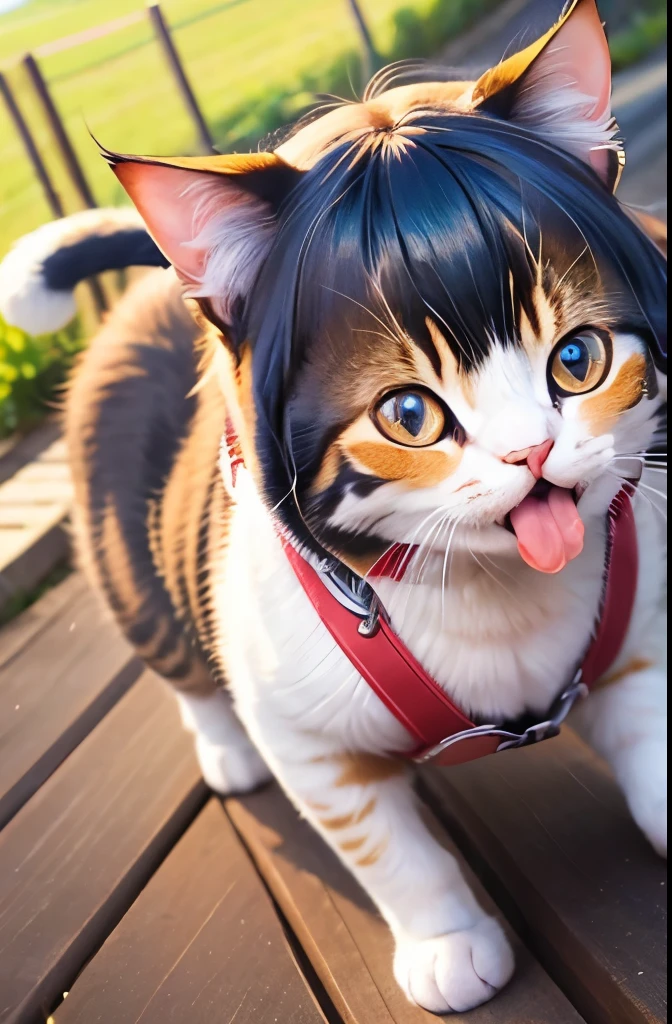 Cat、anime style、round eyes、Ninmari、heart pattern in the eyes、Lot、open your mouth and laugh、wide angle of view、far angle of view、zoom out、bipedal walking、raise your hand、On your back、3 animals
