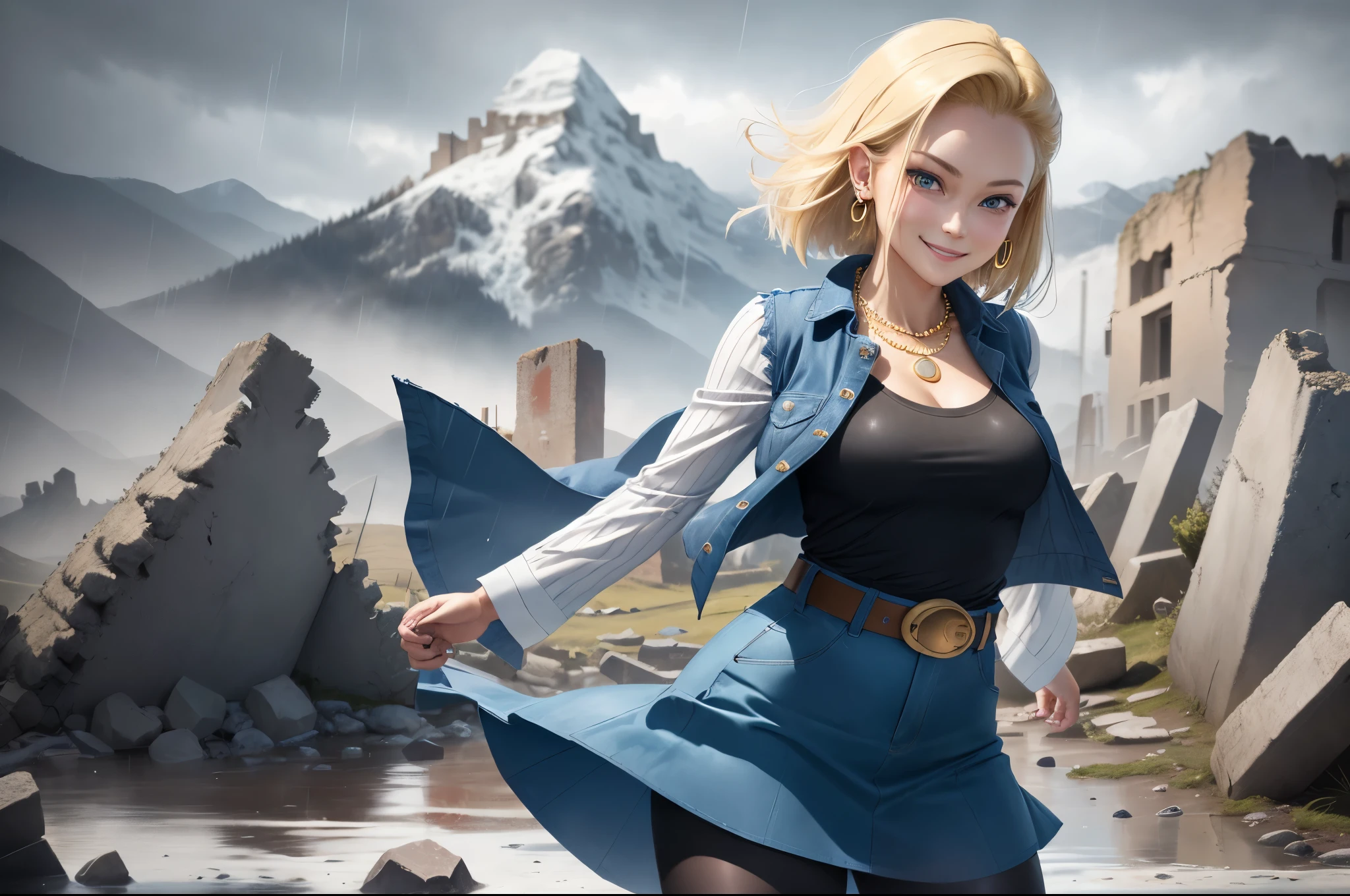 best quality, highres, and18, 1girl, android 18, solo girl, blonde hair, blue eyes, belt, boots, tight blue demin skirt, gold necklace, black shirt, short hair, long striped sleeves, earrings, open vest, denim vest, medium breasts, cowboy shot, mountains, straight-on, (weather: raining and windy), sexy smile, full length pantyhose, battle ruins, wide hips, thick legs, sexy stance,