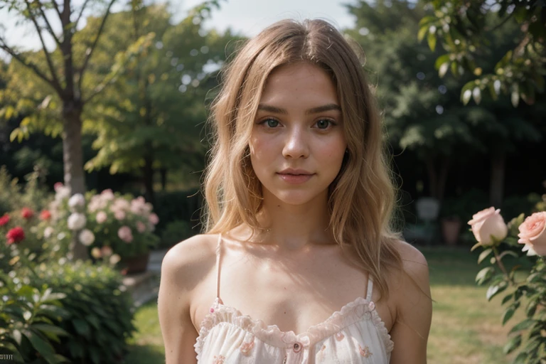 8k, RAW photo, Fujifilm, style photo of a shy young woman as avril in a garden of light pink roses (highly detailed skin: 1.2), blonde hair with colored locks, wearing a translucent sundress, film granulation, 35mm, cute style