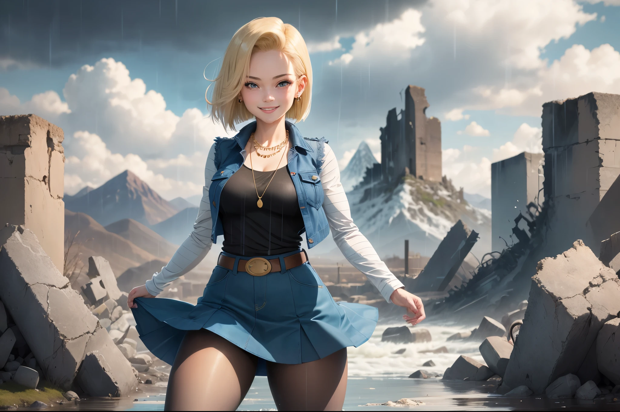 best quality, highres, and18, 1girl, android 18, solo girl, blonde hair, blue eyes, belt, boots, tight blue demin skirt, gold necklace, black shirt, short hair, long striped sleeves, earrings, open vest, denim vest, medium breasts, cowboy shot, mountains, straight-on, (weather: raining and windy), sexy smile, full length pantyhose, battle ruins, wide hips, thick legs, sexy stance,
