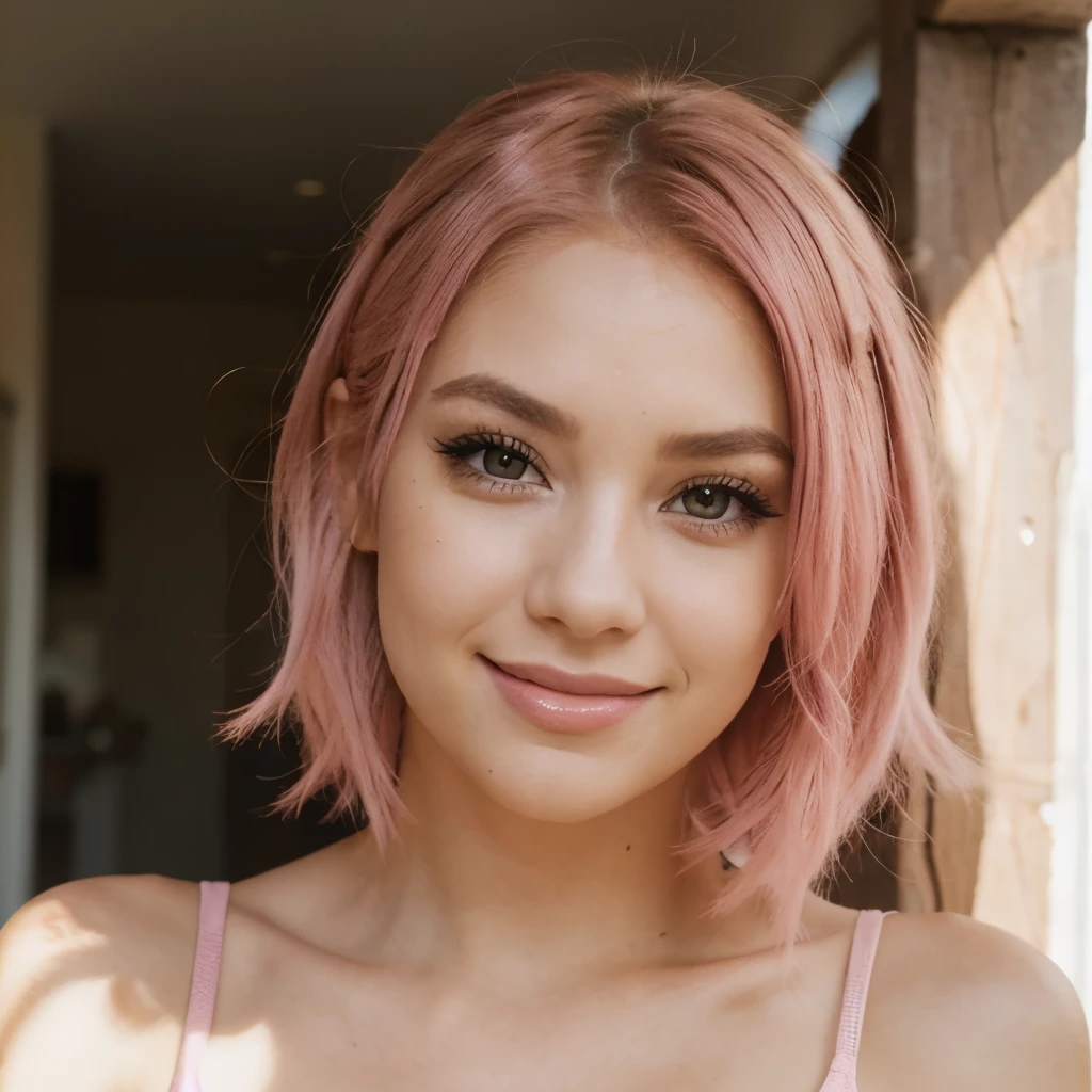 front portrait, Eva Elfie, pink tank top, pink hair