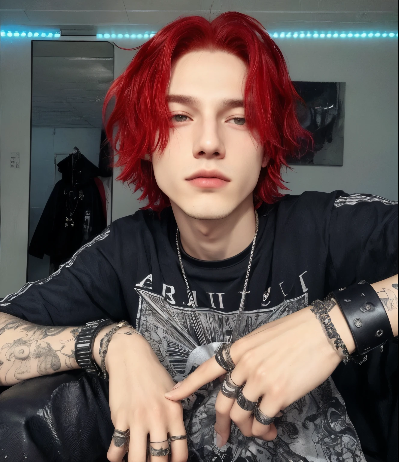 arafed man com cabelo ruivo and piercings sitting in a chair, messy and spiky red hair, cabelo tingido de vermelho, cabelo ruivo carmesim e olhos vermelhos, messy square vibrant red hair, estilo de seb mckinnon, com cabelo ruivo, Serpentina do Twitch / jogador Ludwig, bladee da gangue de drenagem, menino adolescente ruivo, jett de valorant, cabelo ruivo brilhante