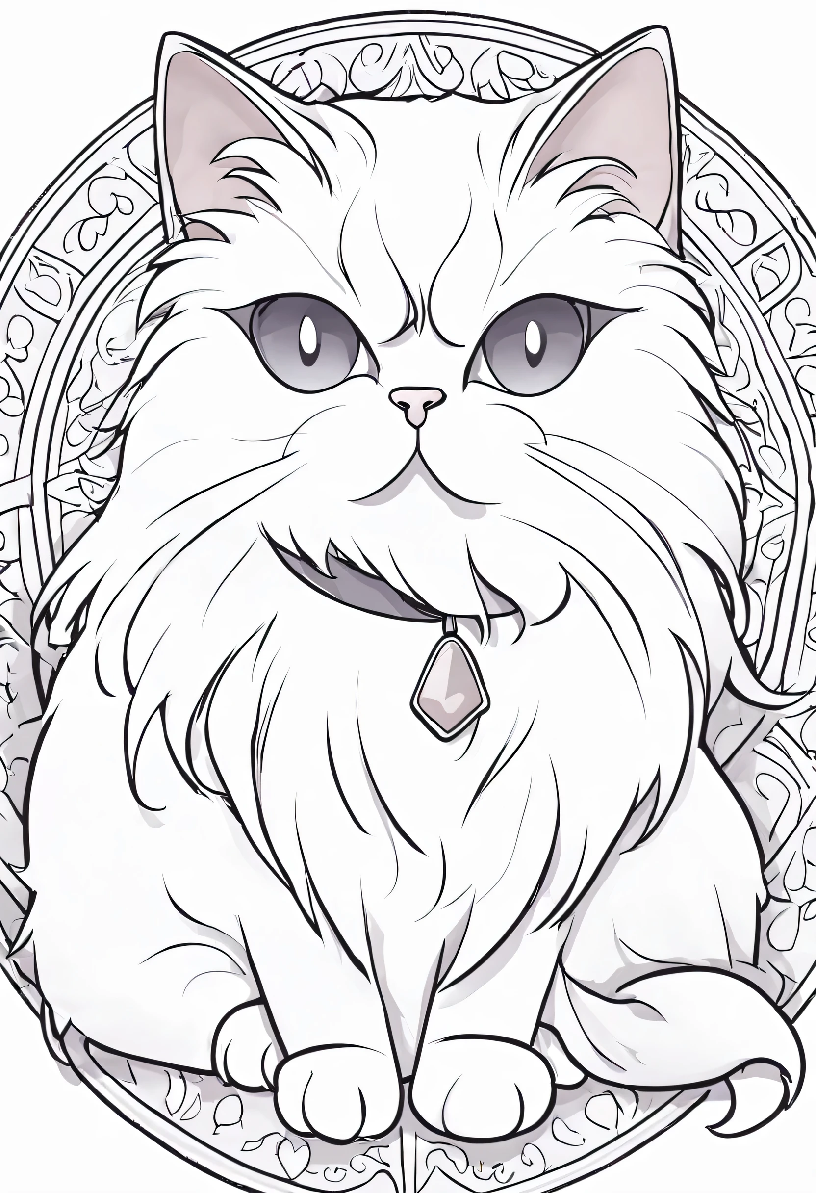 Create a page from a stress-free coloring book, dedicated to the adorable Persian cat breed. The style should be cartoonish, with thick lines for easy filling and no colors present. The Persian cat should be depicted in a charming pose, highlighting its elegant and fluffy characteristics. The background surrounding the cat should be simple, with a completely white backdrop, allowing children to focus on the fun of coloring. Make sure to include details that make the drawing engaging, such as cute accessories or toys that express the calm and charming personality of Persian cats. Remember to leave enough space for children to unleash their imagination while coloring the Persian cat with their favorite colors. This coloring page aims to provide relaxing and enjoyable moments, offering a stress-free experience for young artists.