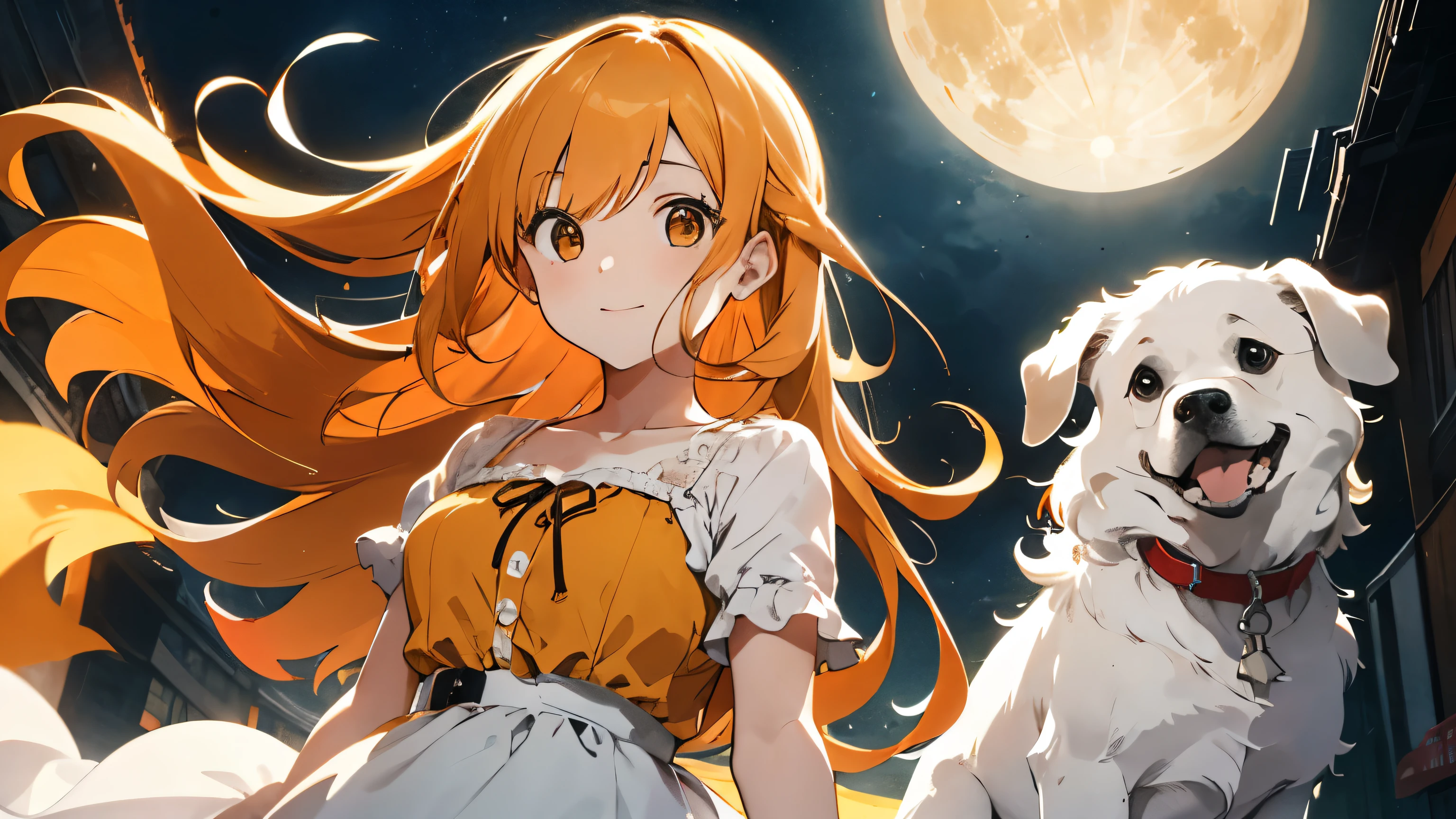1dog,1 girl,fantasy,messy yellow orange hair,pure white dress,((highest quality))1 Full Moon,upper body up,long hair,1子dog,1子dog,
