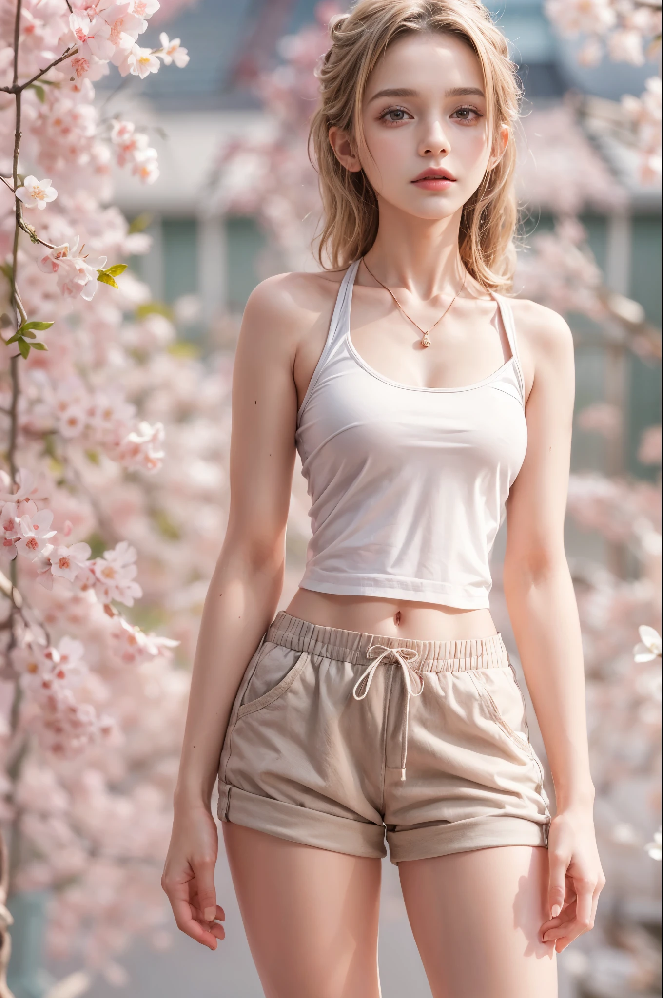 masterpiece, best quality, high quality, High definition, High quality texture, High quality shadow, high detail, beautiful detailed, finely detailed, extremely detailed cg, detailed texture, a realistic representation of the face, realistic, colorful, delicate, sharp focus, (intricate details, makeup, PureErosFace_V1:0.5), (detailed beautiful delicate face, detailed beautiful delicate eyes, a face of perfect proportion, high detailed skin, detailed skin, best ratio four finger and one thumb, skiny and thin:1.3), 1girl, 17 years old, tall, (smooth_abs:1.55), (abs:0.5), pretty, masterpiece, highres, (long_skinny_legs), (straight_legs), (skinny_waist), (((fair skin))), white skin, (((pale skin))), pink sports Bandeau, (school_uniform:swim_suits:0.5), white shorts, standing legs apart, looking at viewer, pink sports shoes, glasses, (Emma_watson), big_breast, (((Caucasian))), Light blonde hair, pink and white, sakura leaves