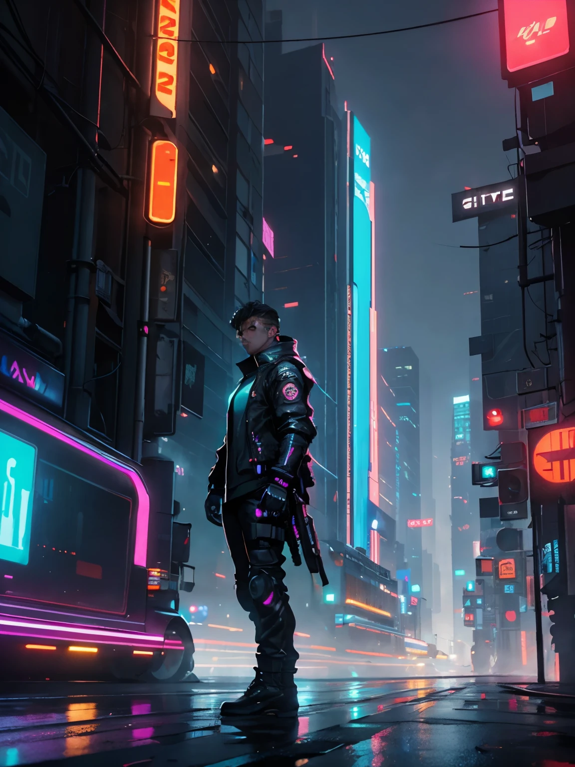 Los Angeles, futuristic, 2030's, city, cyberpunk, cyberpunk city, cyberpunk style, neon light, rain, fog, night time, road, car on the road, light, ground view, tall city, tall building background, city background, one man standing far away, 8k, masterpiece, high resolution, high details