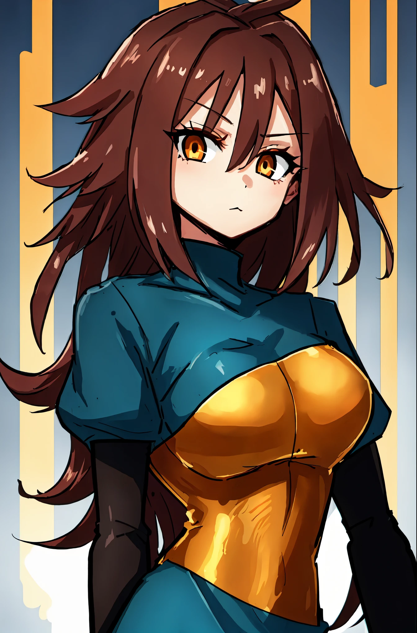 (((Ultra-HD-quality-details, relaxed, ideal-cutesie))) emphasized-details:2, 1girl, solo, anime-character-"Android-21", dangerous-physique, black-houndstooth-dress, brown-hair, golden-eyes, glowing-eyes, arms-crossed, looking-at-viewer